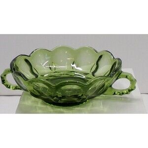 Anchor Hocking Green Glass Dish Candy Nut Dish Scalloped with Handles